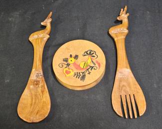 Vtg Wood Gazelle Salad Forks & Wood Burger Press