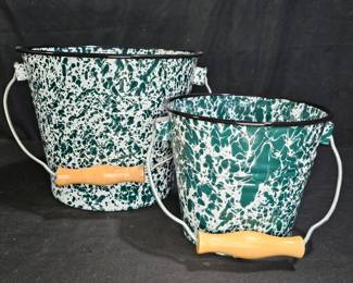 2 Green Spatter Enamelware Buckets w/ Wood Handles