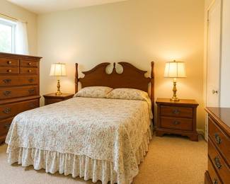 Early American Bedroom Suite It includes a:Tall chest of drawers,Dresser with mirror, Matching full-size headboard and footboard 