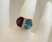 14K Gold with Amethyst, Blue Topaz & Diamonds Modern Statement Ring - Size 6 3/4 (7.9 Grams)
