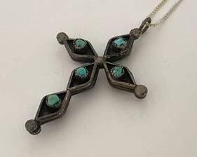 Vintage Native American Zuni? Sterling Silver Reversible Design with Turquoise & Coral Stones Cross Pendant Necklace - 18" (8.7 Grams)