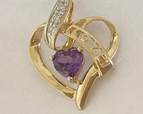 10K Gold Heart LOVE with Amethyst & Diamond Accents Pendant (1 Gram)