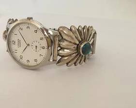 Vintage Native American Sandcast Sterling Silver with Turquoise Watch Tips with Watch & Band (Watch Not Tested)