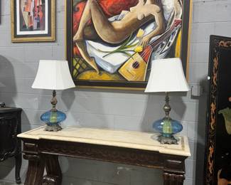 Marble top Sofa Table, Vintage Lamps and Artwork Orlando Estate Auction