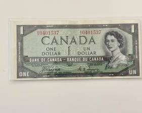 1954 Canada $1 Bank Note with the Famous "Devil Hair" Image Found in the Hair of the Queen