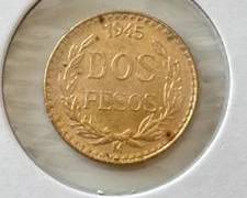1945 Mexico 2 Peso Gold Coin Brilliant Uncirculated Condition .048 Ounce Actual Gold Content