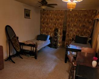 TWIN BEDS, FLOOR MIRROR, CHESTS, VINTAGE DRAPERIES