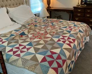 #104 Scrappy Half-square Triangle Hand Pieced and Hand quilted Quilt - (as is ) - 76x82 $50.00