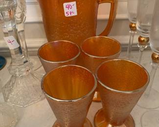 #175 Carnival Glass "Jeannette" marigold crackle Pitcher & 4 cups - 5 pc set $40.00