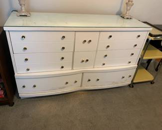 #69 White Wood Mid-Century Style Dresser w/6 drawers w/glass protect top - 54x19x33 $75.00
