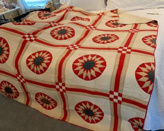 #207 Handpiece & Hand quilted Red/Blue & White Quilt (very old so some as is) $75.00