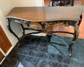 #182 Wood/Gold/Black Painted Entry Table - 58x22x34 $125.00