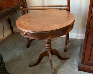 #89 Wood Round Barrel Table w/1 drawer (as is finish) - 24round x 26.5 $75.00
