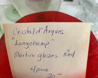 #187 Cristal d'Arques "Longchamp" Martini Glasses - Red - 4 pc $20.00