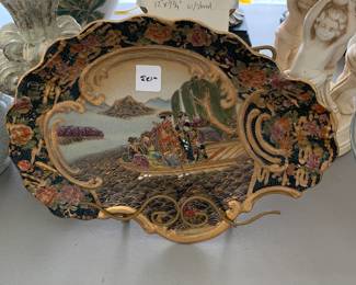 #194 Japanese Satsuma Ware Enamel Plate 12x 9 3/4 w/stand $20.00
