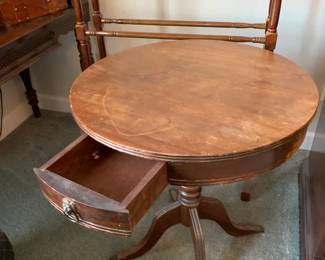 #89 Wood Round Barrel Table w/1 drawer (as is finish) - 24round x 26.5 $75.00
