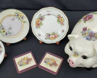 BK202Pansy Theme Plates, Coasters, Piggy Bank