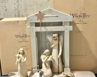 Willow Tree Nativity Set (figurines) and Willow Tree Crèche (base and backdrop). Original packaging. Each box sold separately.