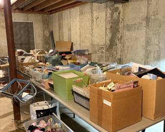 Boxes and bins of crafts supplies, ribbon, fabric, beads, buttons, and more! Buy it by the bin!