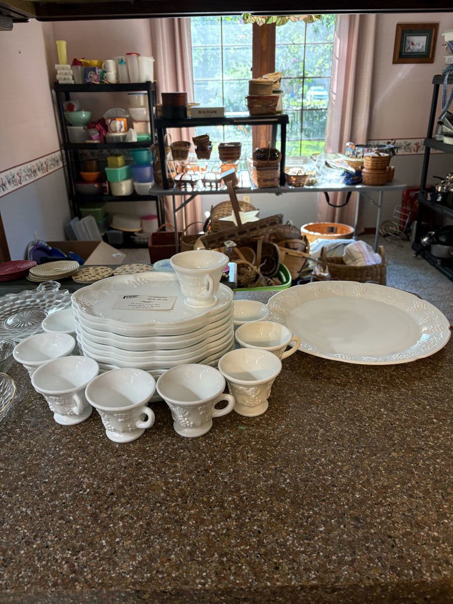 Milk glass luncheon plates with cups and large platter