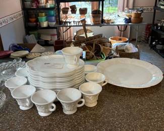 Milk glass luncheon plates with cups and large platter
