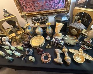 Jade animals and Cloisonne vases