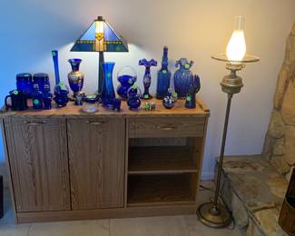 Vintage lamp, cabinet and cobalt glass