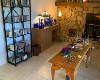 Sofa table, cds, cabinet, cobalt glass, lamps and more
