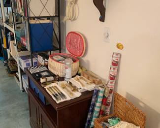 Cabinet, stool, sewing kits, gold toned cutlery set