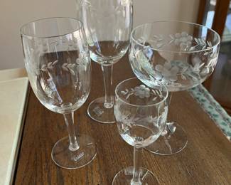 crystal water goblet, wine glass, cordial glass, and champagne/sherbet glass