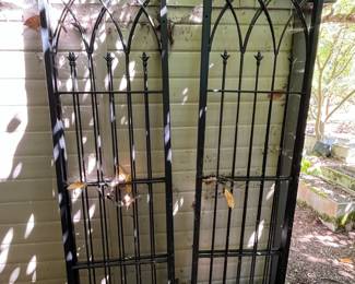 2 metal garden arbors with trellis sides and flat (not arched) top, approximately 7' H x 6' W x 2' D