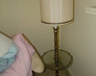 Vintage floor lamp, with glass table top, and large barrel shade