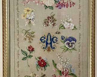 Guest Bed 1-
- American Embroidery Guild 1993 Sampler on linen. Custom Gold Framing.