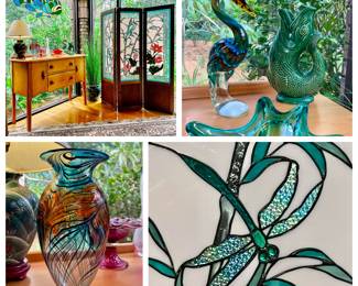 The Sunroom Art Glass Collections-
Large Stained Art Glass Fish Panel
Stained Lead Glass room divider screen , Murano Art Glass Heron, Peacock Art Glass Vase
Dartmouth Gurgle Fish Pitcher