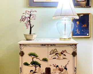 Entry
White Chinoiserie Cabinet and bottom drawer. Mother of Pearl details
