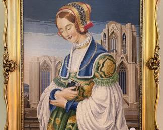 Exquisite Medici Woman. Fine Wool Needlepoint. Wood Frame and gilt.