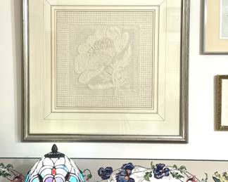 Guest Bed 1-
- Custom Framed, Klein Whitework Floral Crewel And Counted Needlepoint.