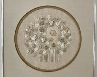 Guest Bed 1-
- Ribbon Embroidery floral. Custom Chrome framing & mat.