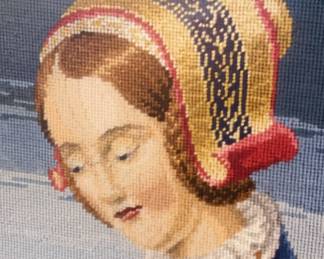 Exquisite Medici Woman. Fine Wool Needlepoint. Wood Frame and gilt.