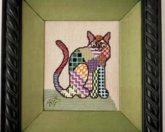 Guest Bed 1-
- Needlepoint Patchwork Cat work googly eyes. Custom mat and frame.