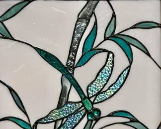 The Sunroom Art Glass Collections-
Detail pic,
Stained Lead Glass room divider screen in a Bamboo Flower motif with Iridized Water Glass Dragonflies
Solid Hardwood Frame