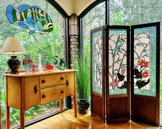 The Sunroom Art Glass Collections-
Stained Lead Glass room divider screen in a Bamboo Flower motif with Iridized Water Glass Dragonflies
Solid Hardwood Frame