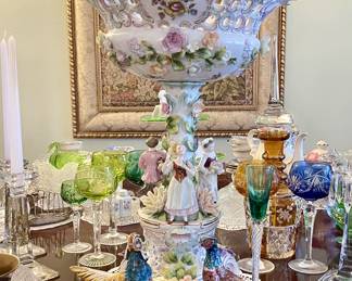 Spectacular Centerpiece Antique Meissen School Floral Porcelain with Figures
19th Century
Measures- 18.25"H x 13.75"W x 13.75"D