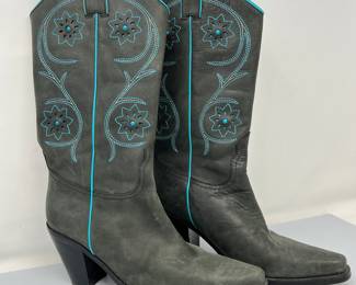 Stylish Gray Leather Cowboy Boots with Floral Embroidery and Turquoise Accents, Size 7 1/2- Franco Sarto