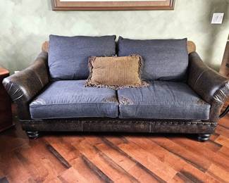 Paul Robert Western Tooled Leather & Black Denim Loveseat Sofa w/ Nail head Trim & Reversable Pillow w/ Leather Fringe