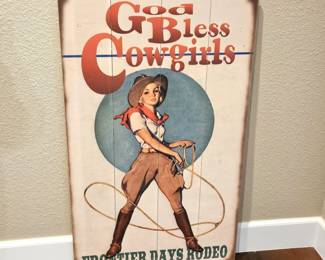 Vintage God Bless Cowgirls Frontier Days Rodeo Sign Wooden Decor _ Large 23" x 39"