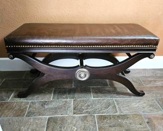Restoration Hardware Leather Bench Distressed Nail head Trim Espresso Wood 38” x 15” x 19”