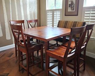 Counter Height Square Dining Table Set w/ 6 Chairs + Bench – Cherry Wood Finish - Side Leaves Lift to Make Table Round