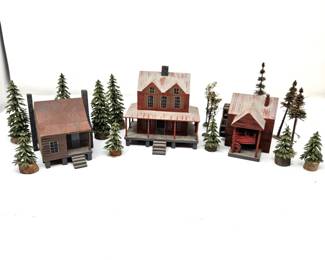 - Vintage Wooden Miniature House Set with Pine Tree Figurines - Country Crafts by C. Henson