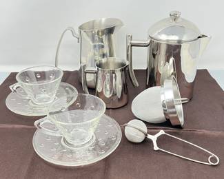 Frieling Polished Stainless Steel Tea Pot Set with Glass Cups and Accessories